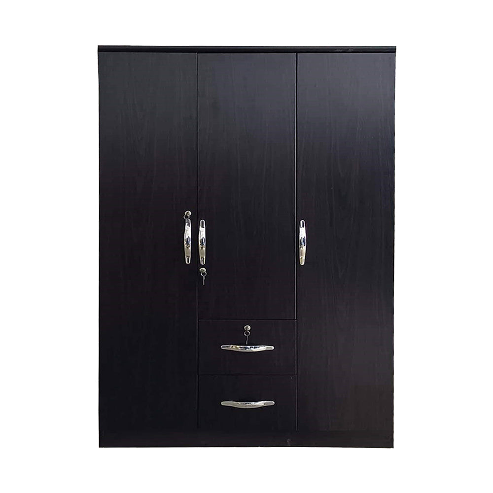 Dark wood 3-door wardrobe with two drawers and silver bar handles, flat-panel doors.