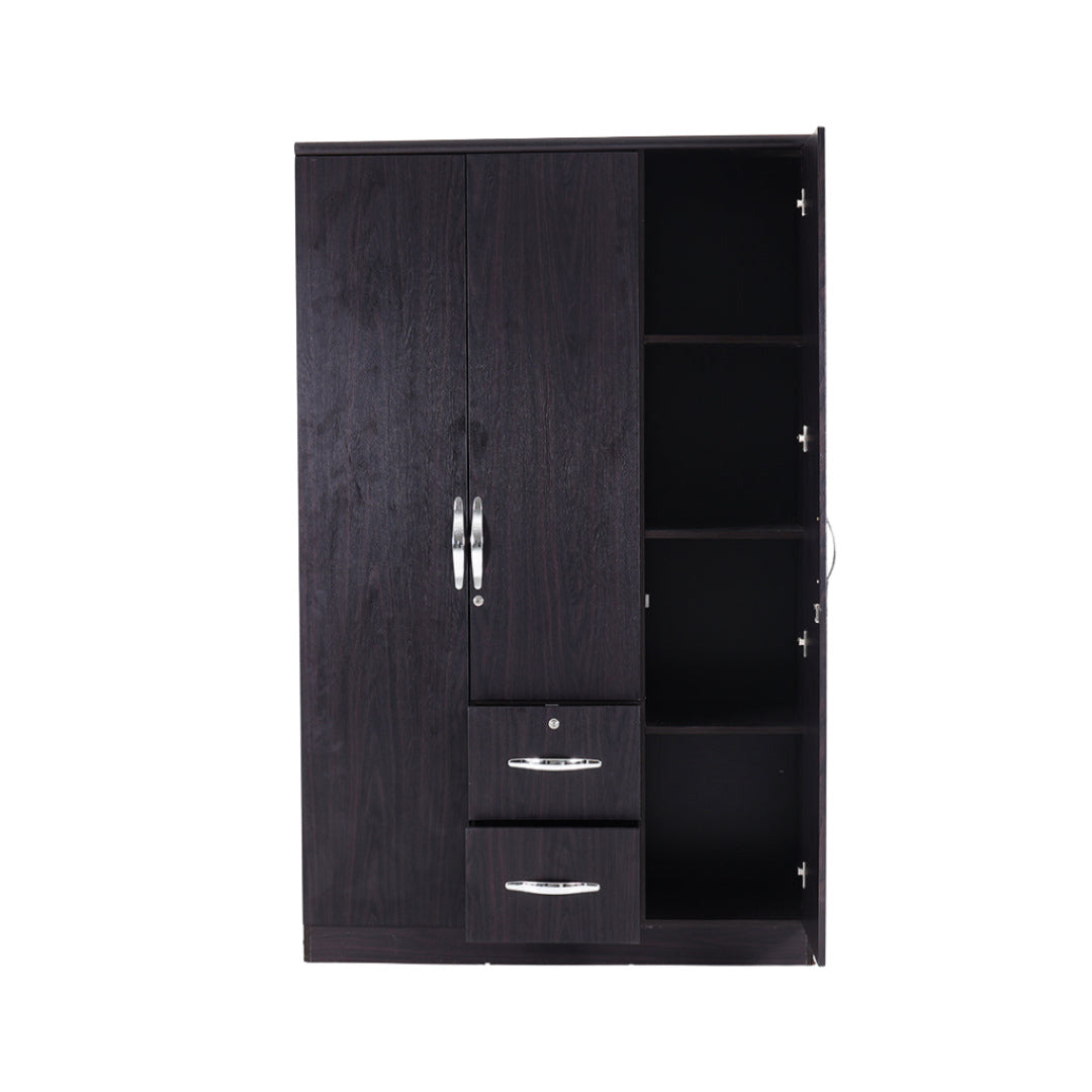 Dark wood 3-door wardrobe with side opening, three interior shelves, and two drawers.