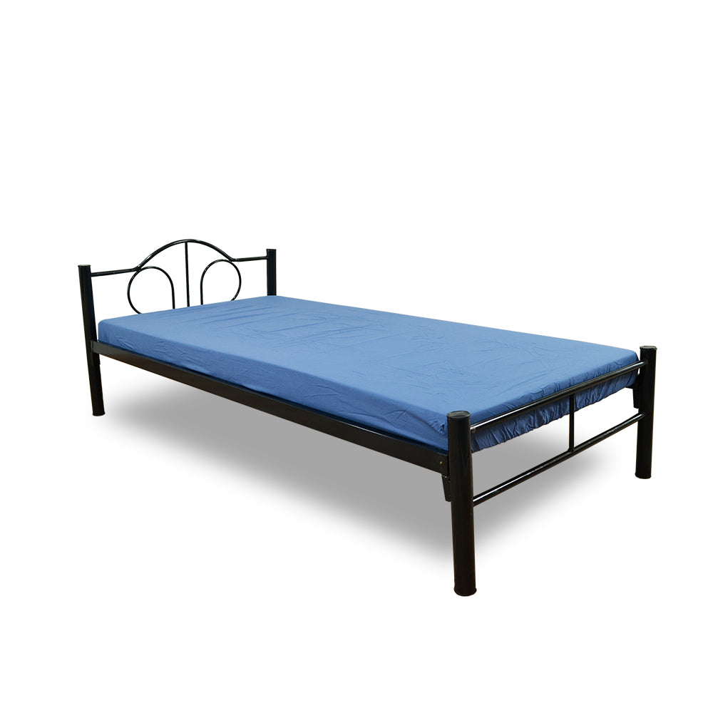 Single bed with blue fitted sheet, dark frame, and arched headboard design.