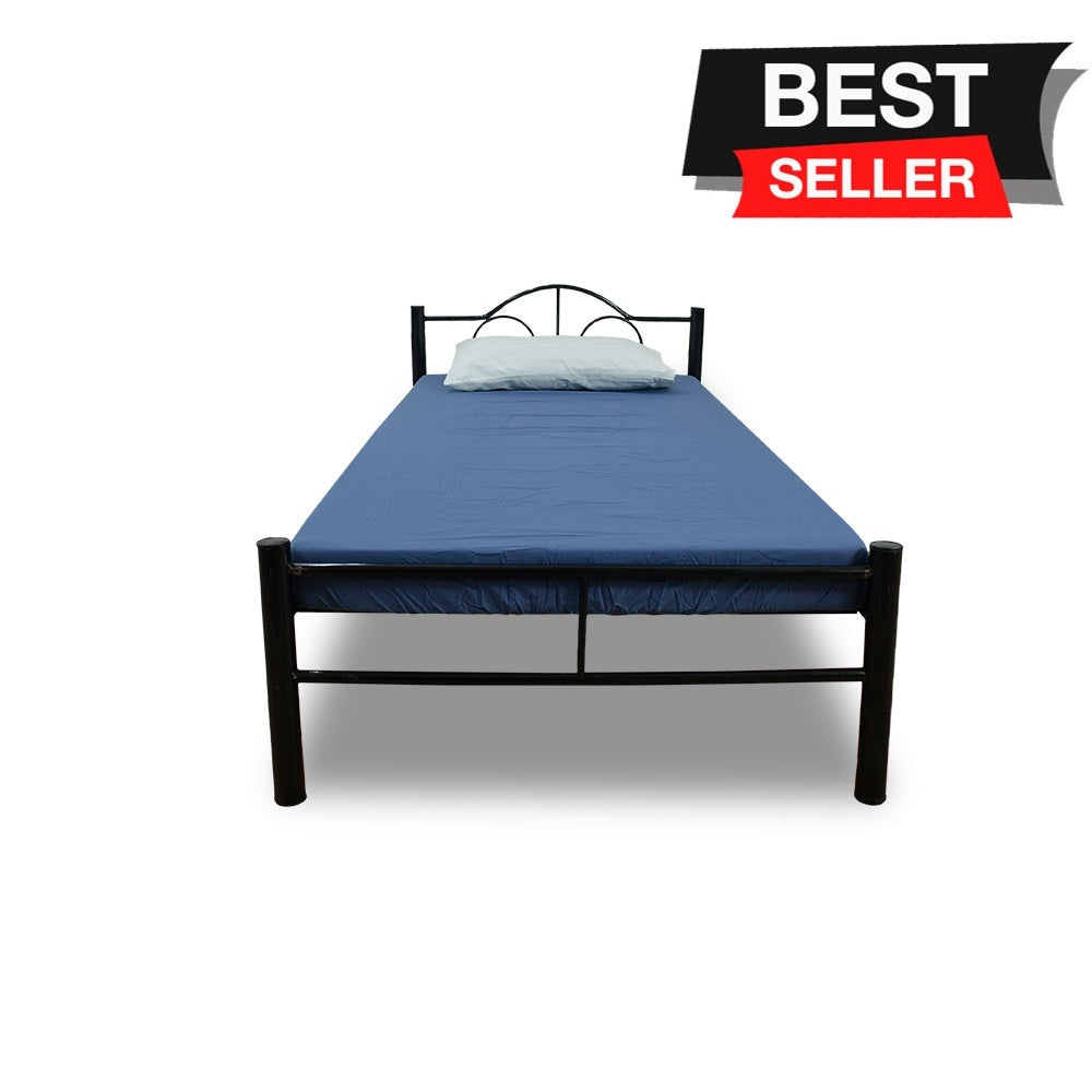 Single bed with blue sheet and pillow at the head, dark metal frame with slats.