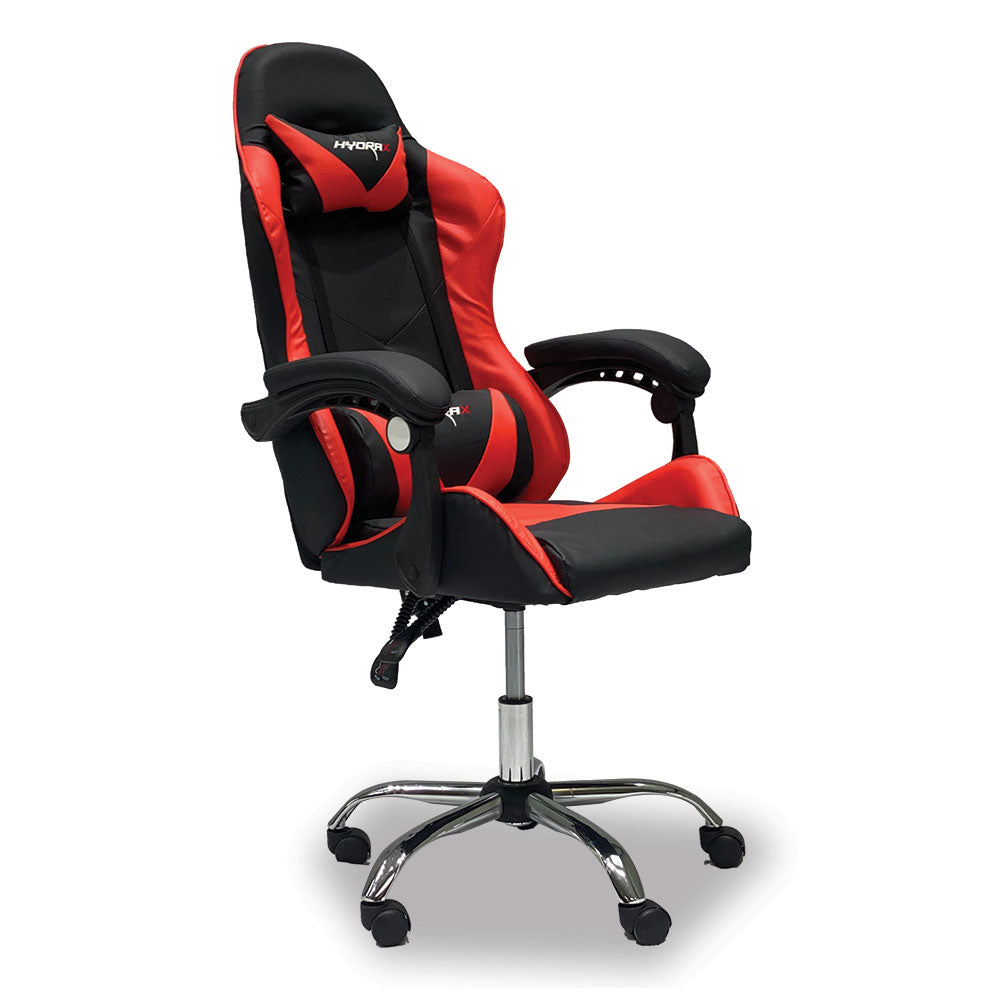 Gaming chair with red and black upholstery, side view of seat, armrests, and controls