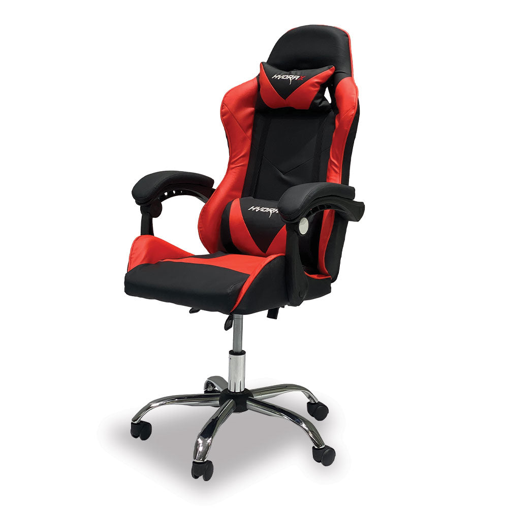 Gaming chair with red and black upholstery, angled view showing armrests and base