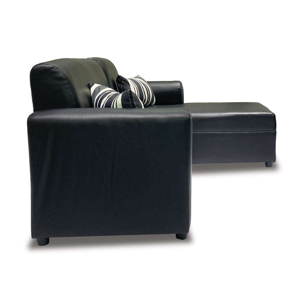 Black L-shape sofa corner section with striped pillows
