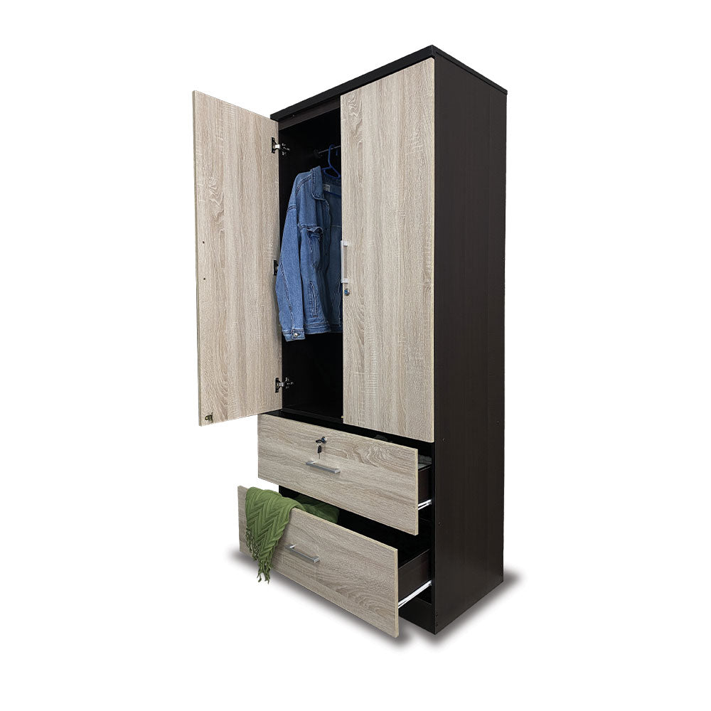 2-door wardrobe with doors open, hanging rail, and two stacked drawers