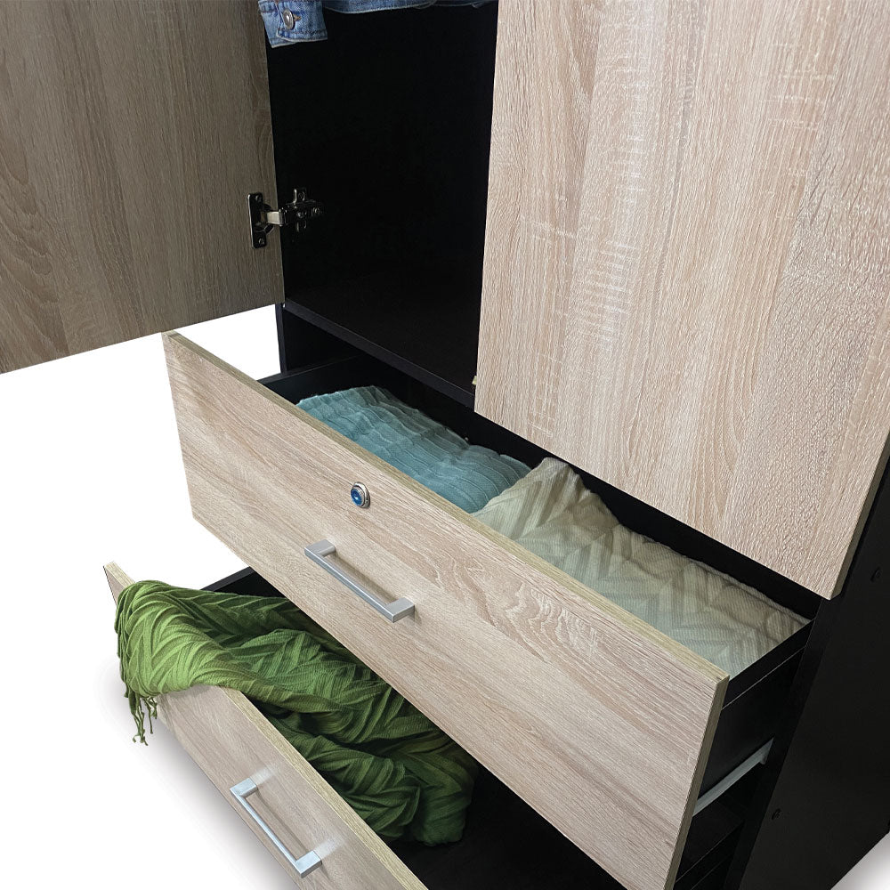 2-door wardrobe interior with two drawers and hanging compartment in light wood