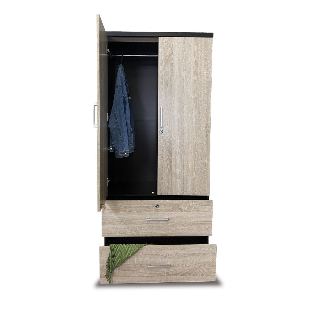 2-door wardrobe with open door, hanging rail, and two drawers in light wood