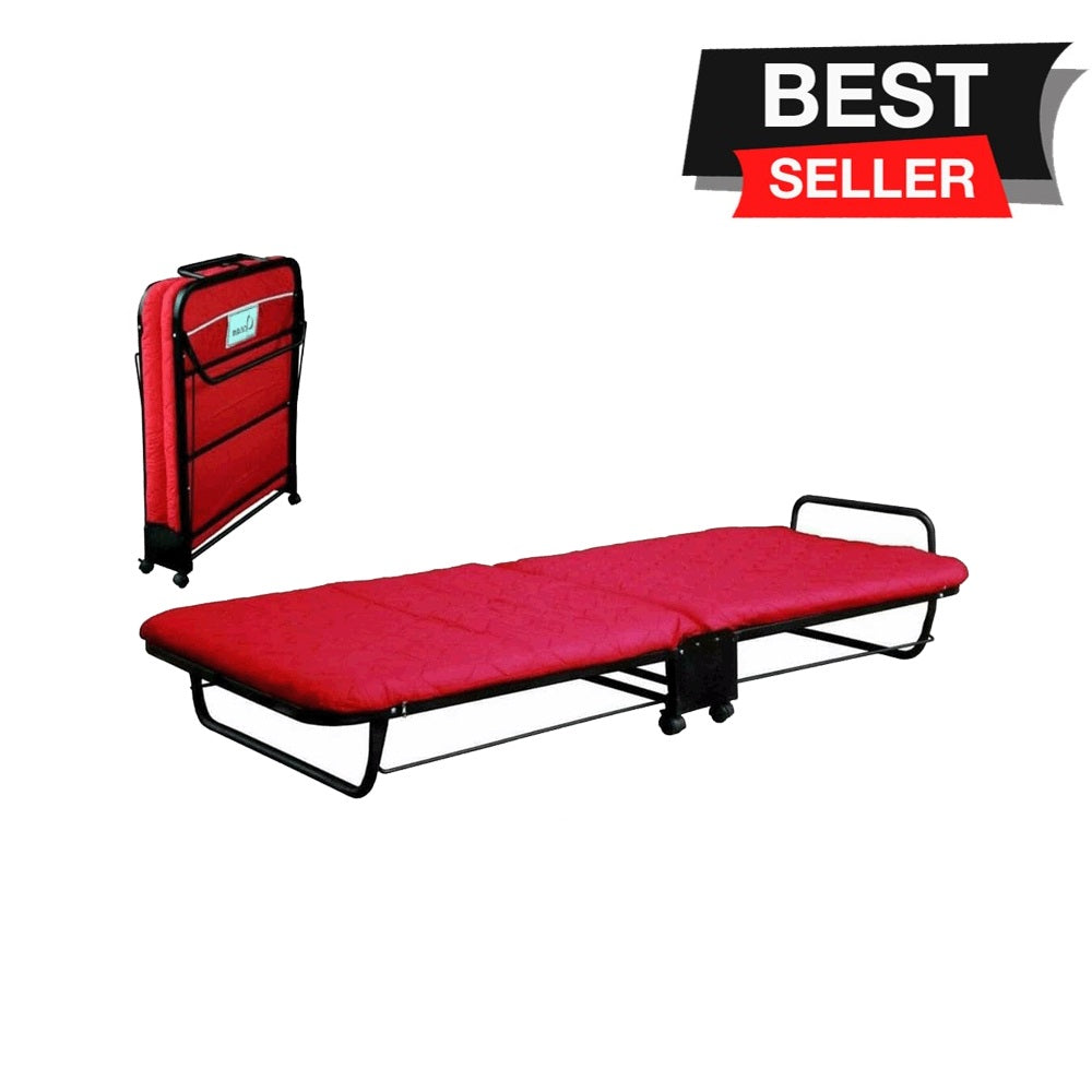Folding bed with red padded mattress and black metal frame, plus raised side storage panel