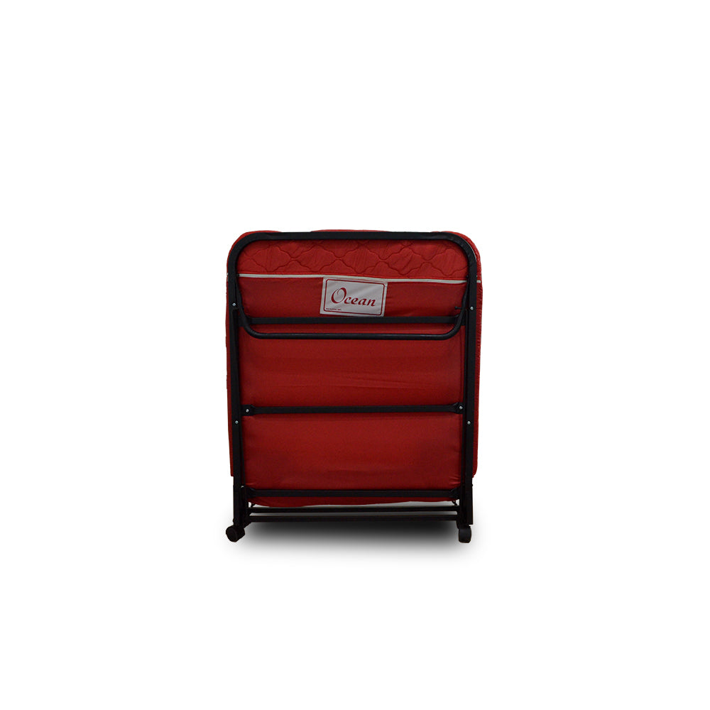 Folding bed storage case with red padded front panel and black metal base, handle at top
