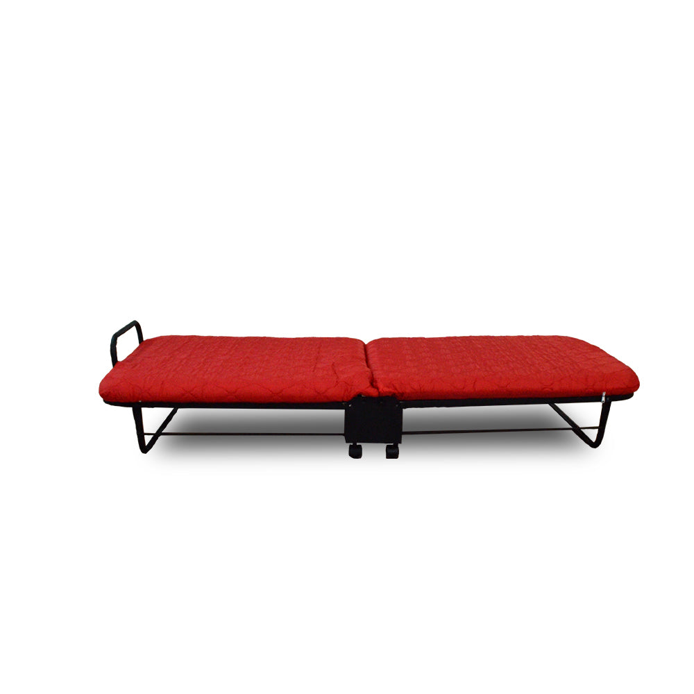 Folding bed with red padded mattress sections and black metal frame, side handle visible