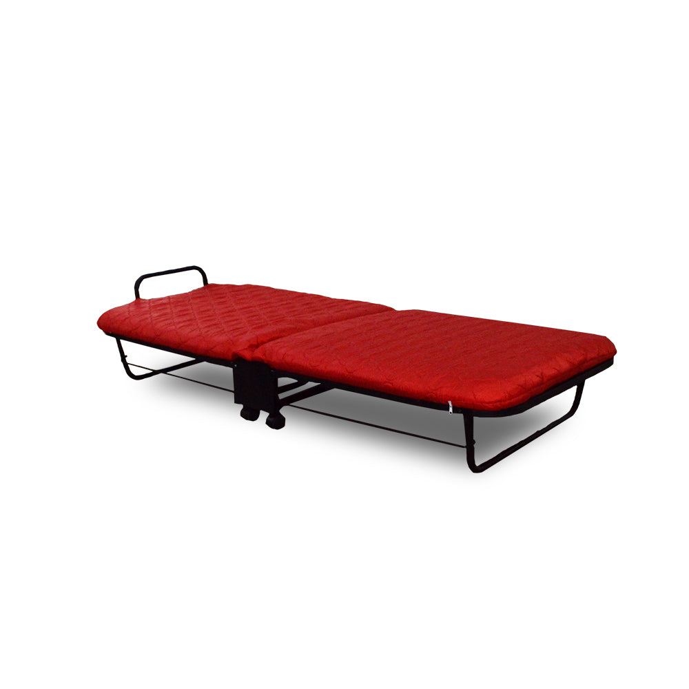 Folding bed with red quilted mattress and black metal legs, shown fully opened