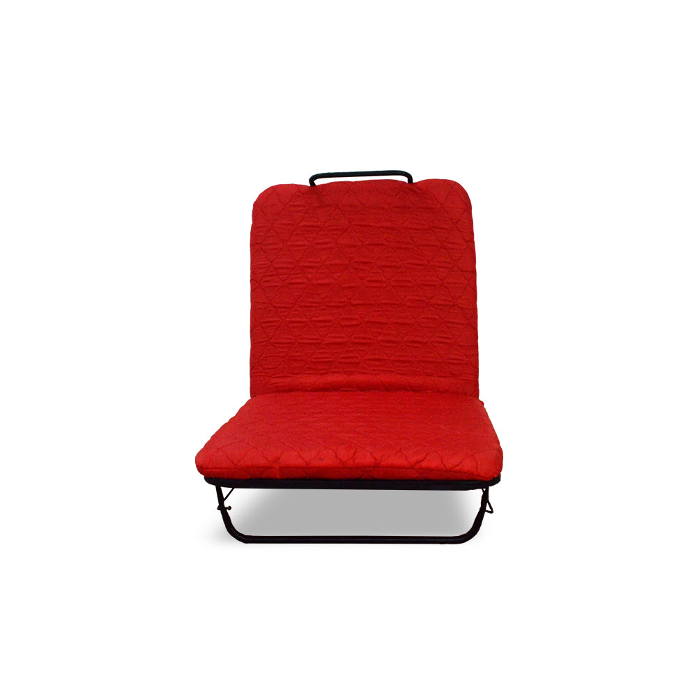 Folding bed chair with red padded backrest and seat, black metal folding frame