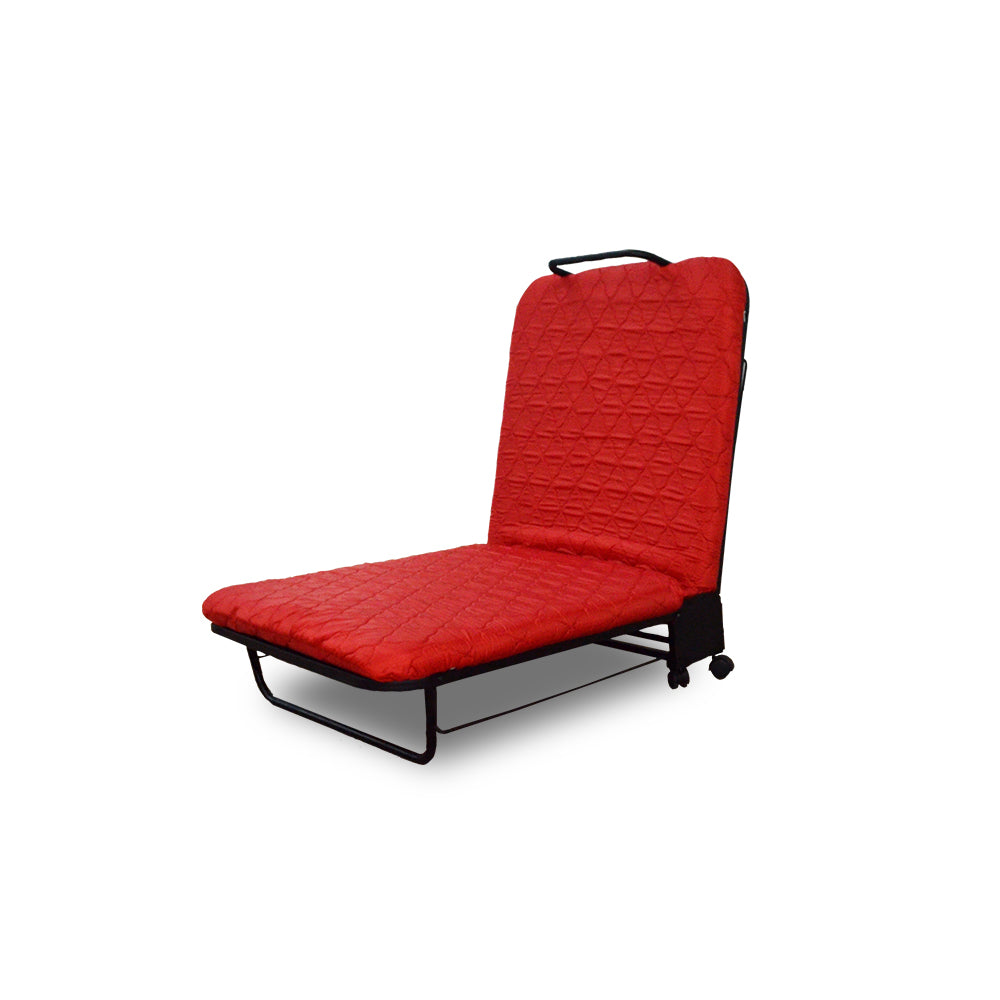 Folding chair-style bed with red quilted seat and back, black folding metal base