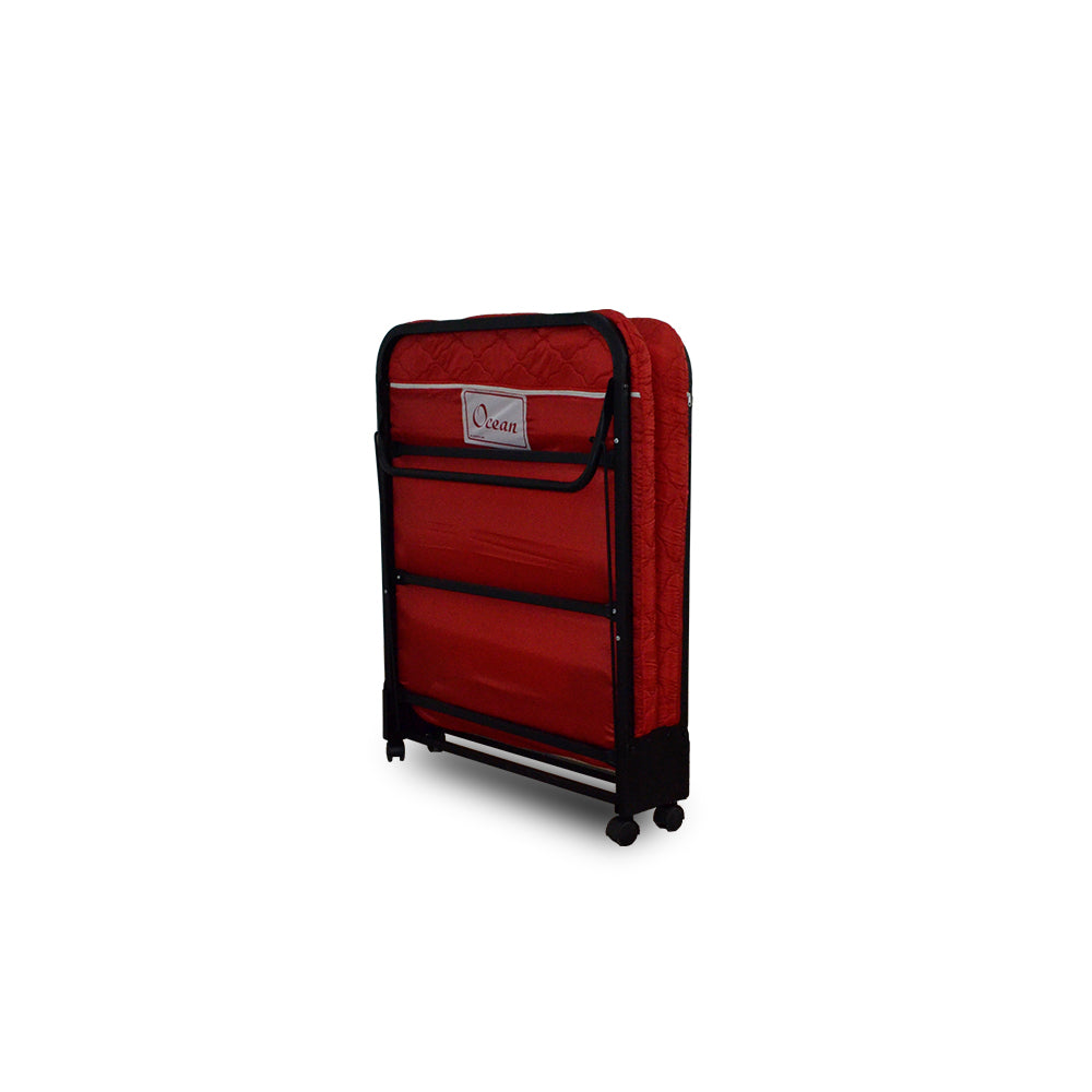 Folding bed storage case with red padded panels, black frame, and carry handle