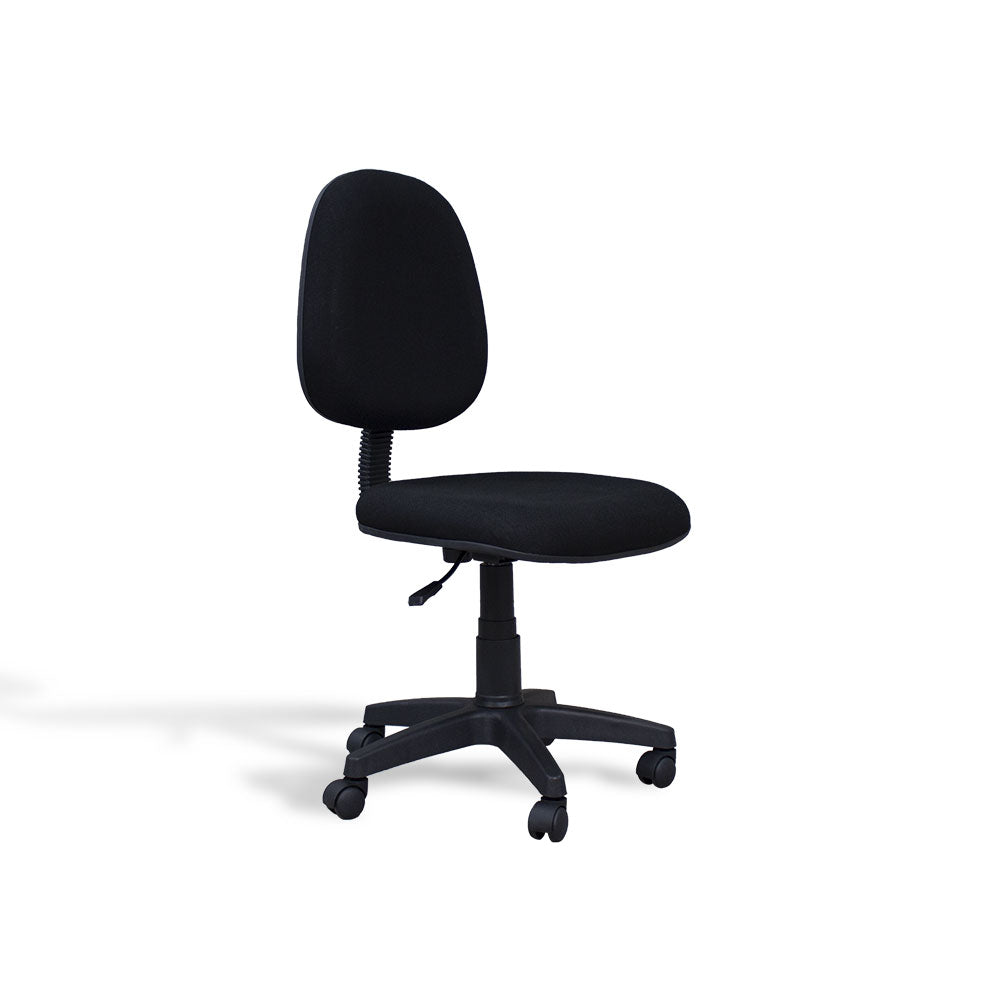 Black office chair with rounded back, cushioned seat, and 5-wheel swivel base