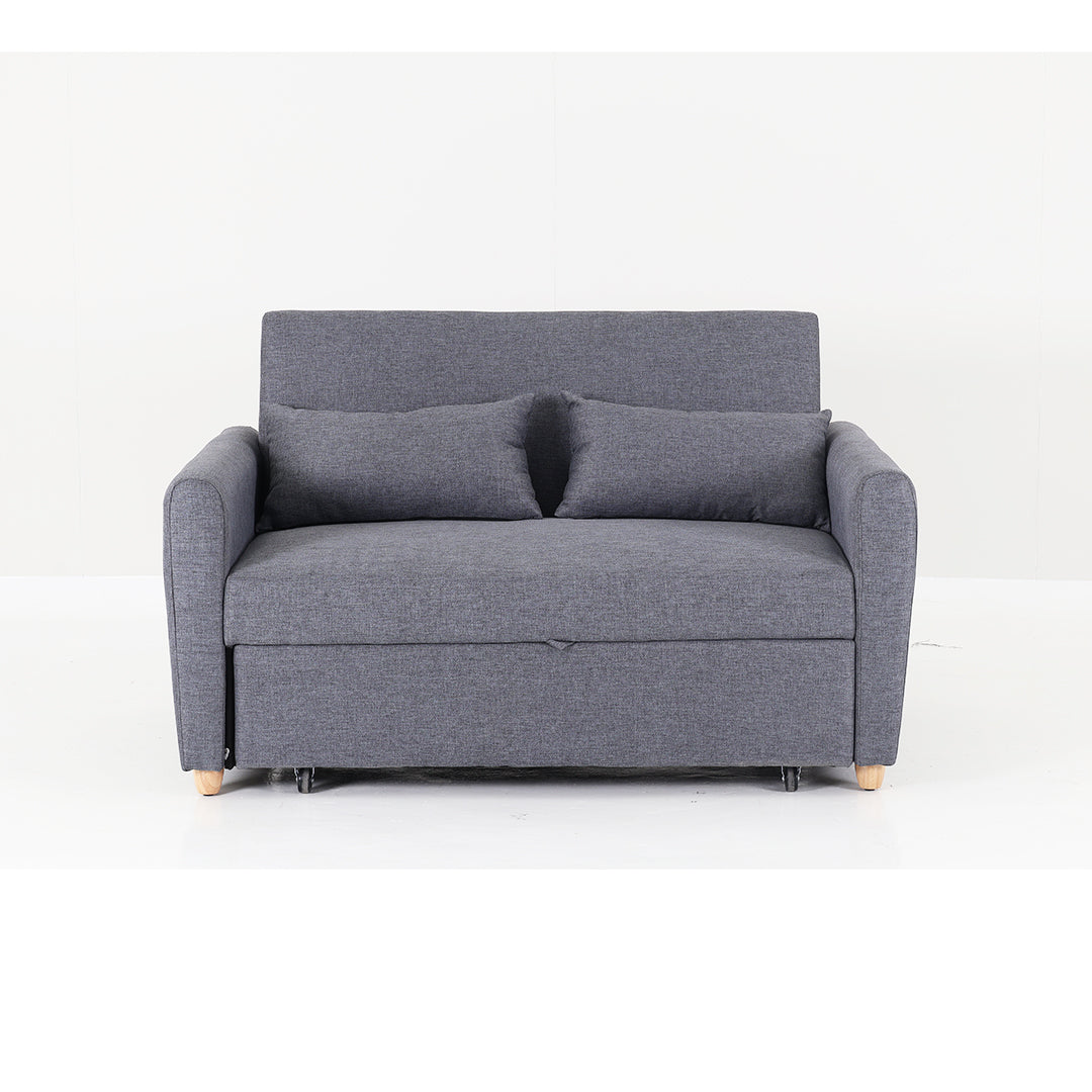 Grey fabric sofa bed with tufted back cushions and dark base legs