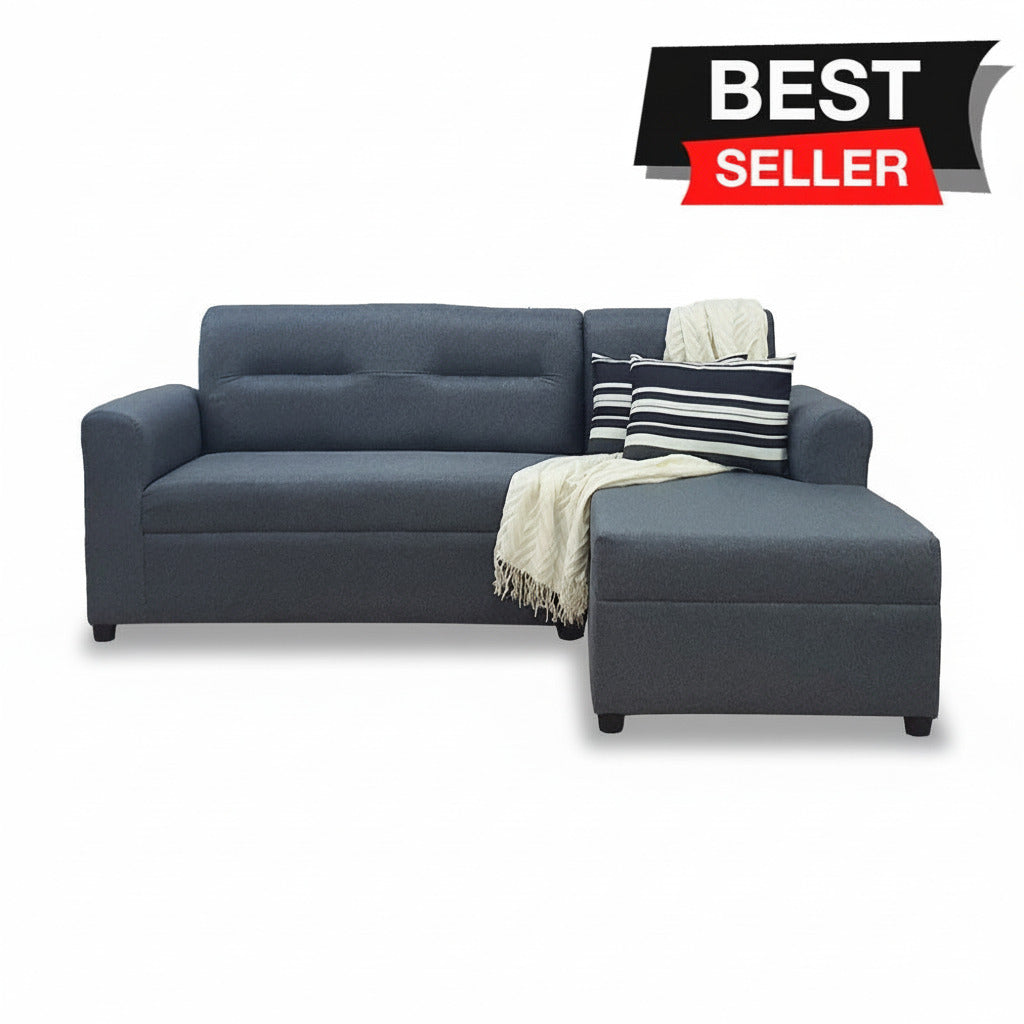 Dark gray L-shape sofa with striped pillows and best seller badge