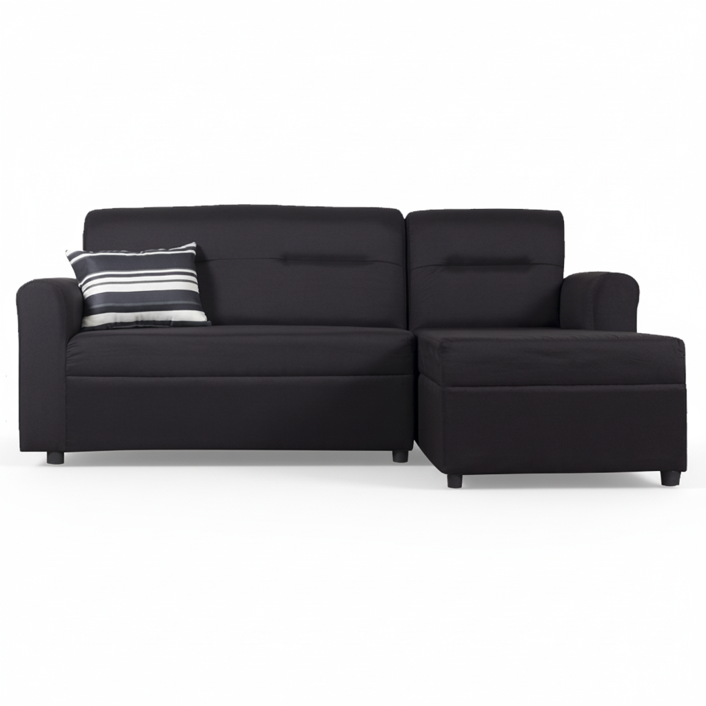 Black L-shape sofa with striped pillow on chaise section
