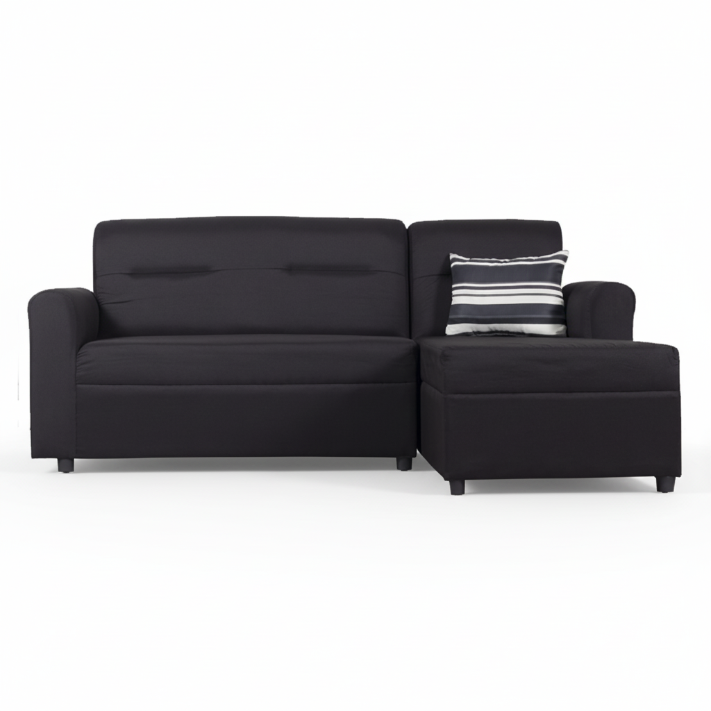 Black L-shape sofa with striped pillow and cushioned back