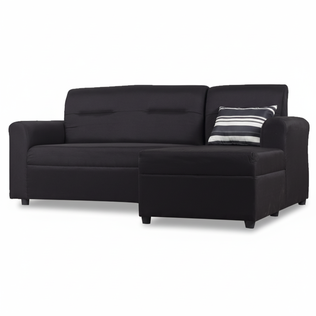 Black L-shape sofa with matching armrests and striped pillow