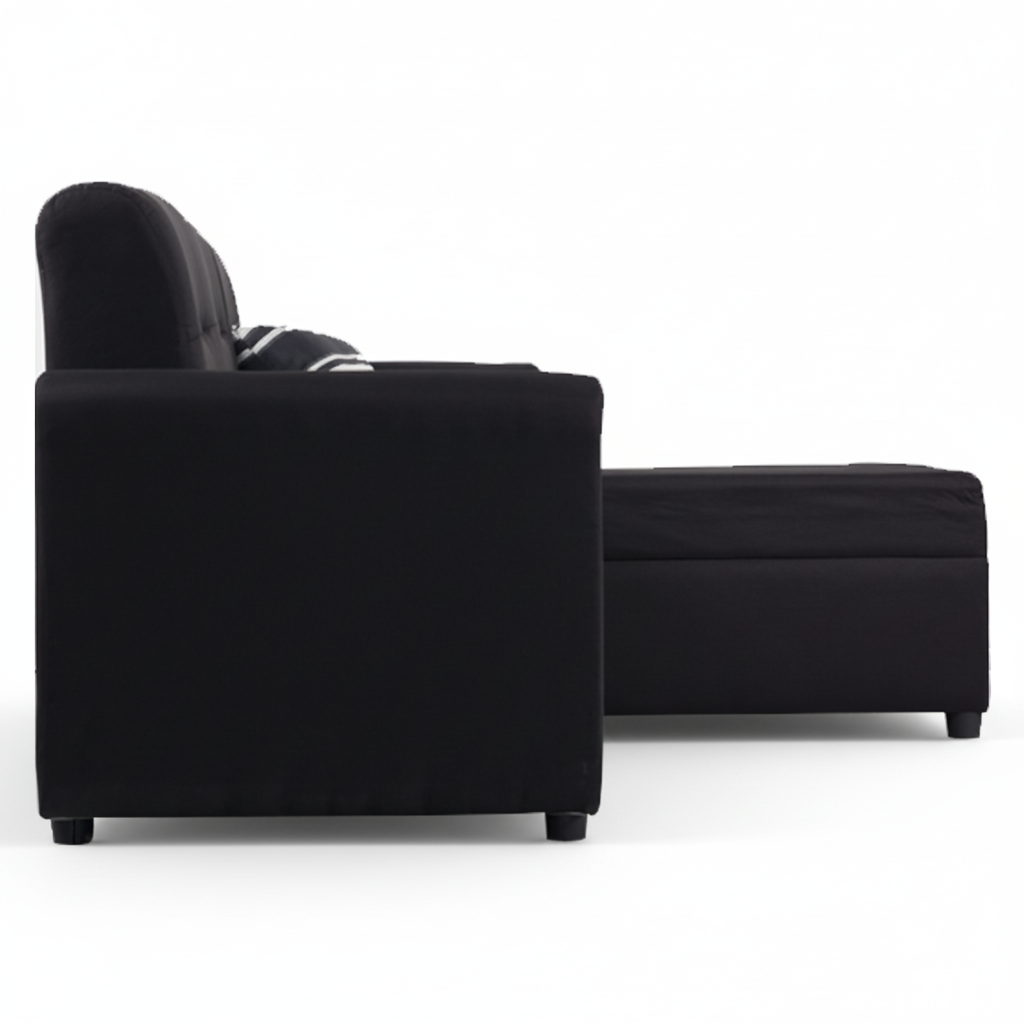Black L-shape sofa side view with striped pillow