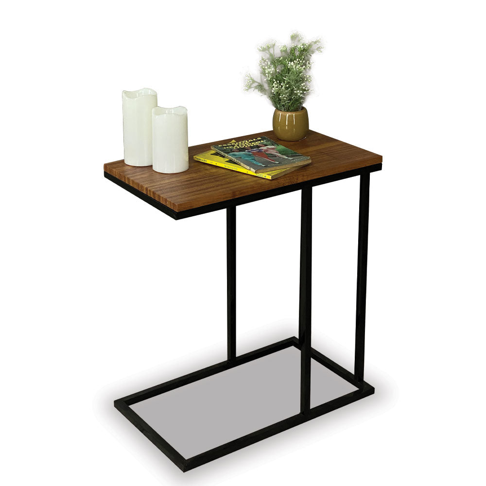 SAUVILLE side table with dark wood top, black frame and lower grey shelf
