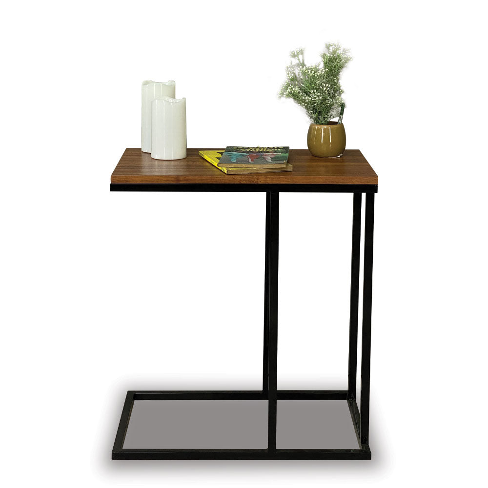 SAUVILLE side table with dark wood top, black metal legs and lower shelf