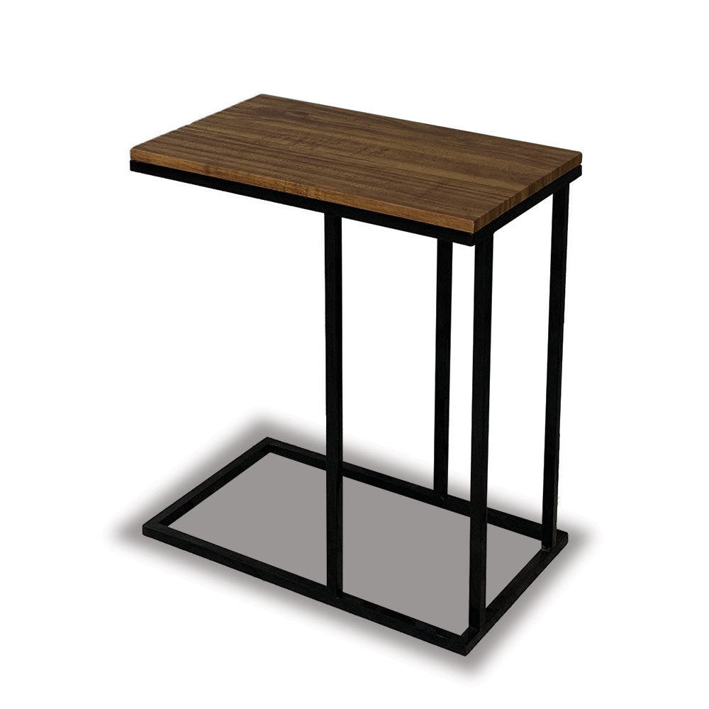 SAUVILLE side table with brown wood top, black metal frame and grey bottom shelf