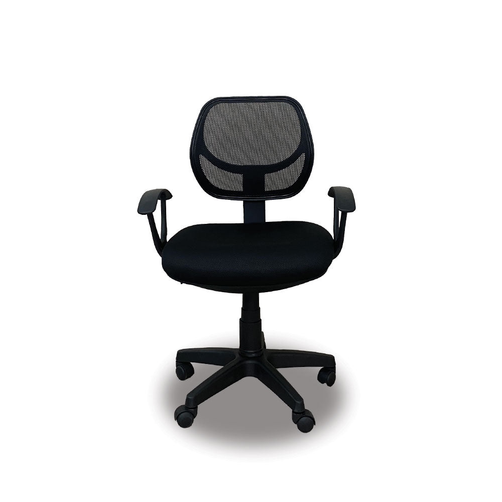 Black office chair with mesh backrest, padded seat, star base, and armrests
