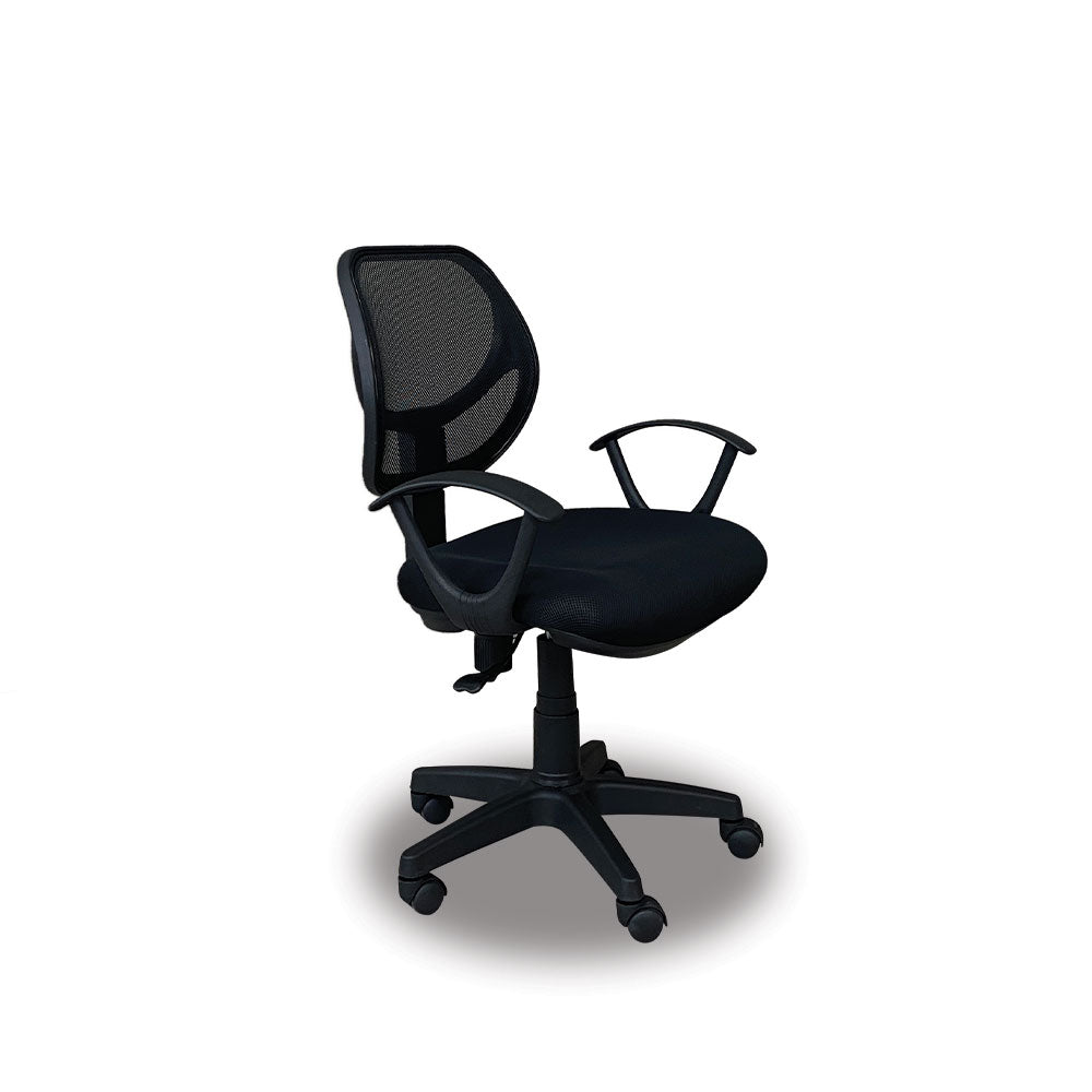 Black mesh office chair with curved backrest, padded seat, and five-wheel base