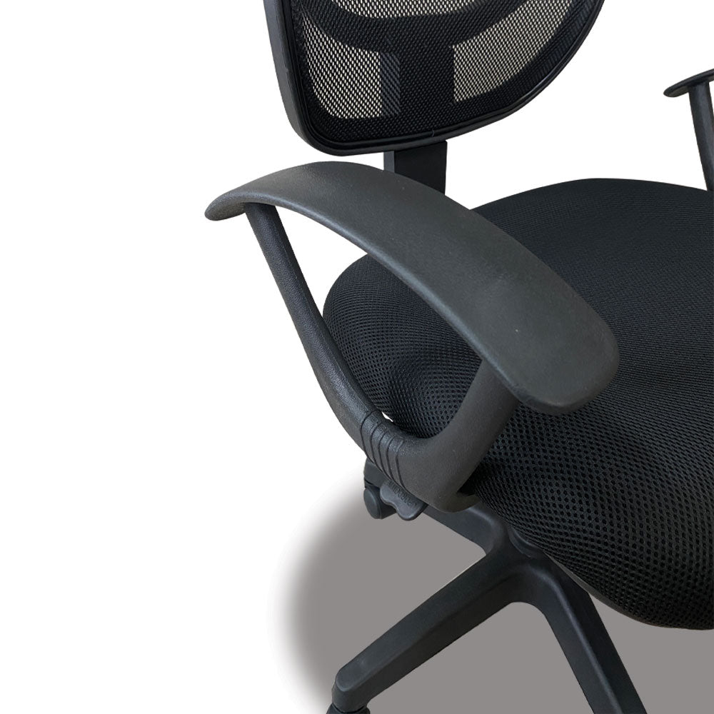 Dark office chair armrest and mesh back support with curved padded cover