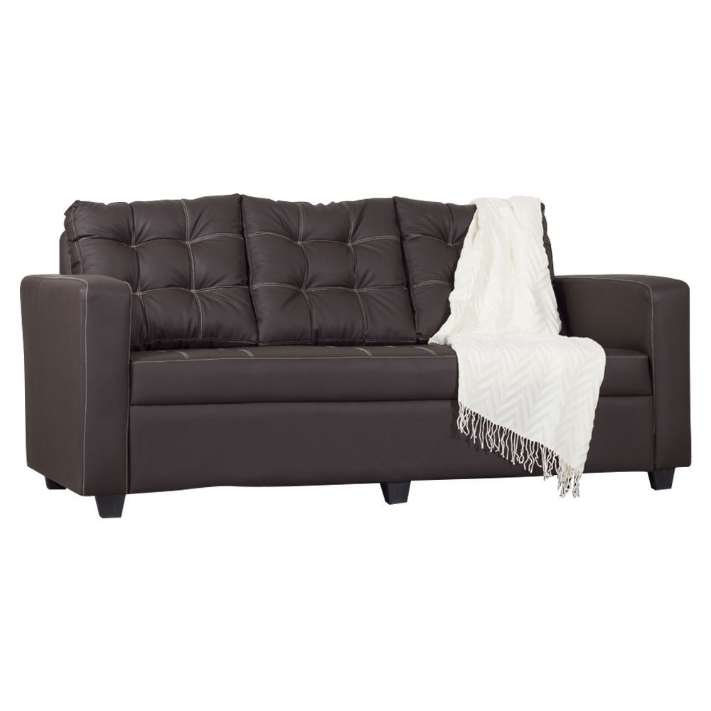 Dark brown 3-seater sofa with tufted backrest and white throw blanket