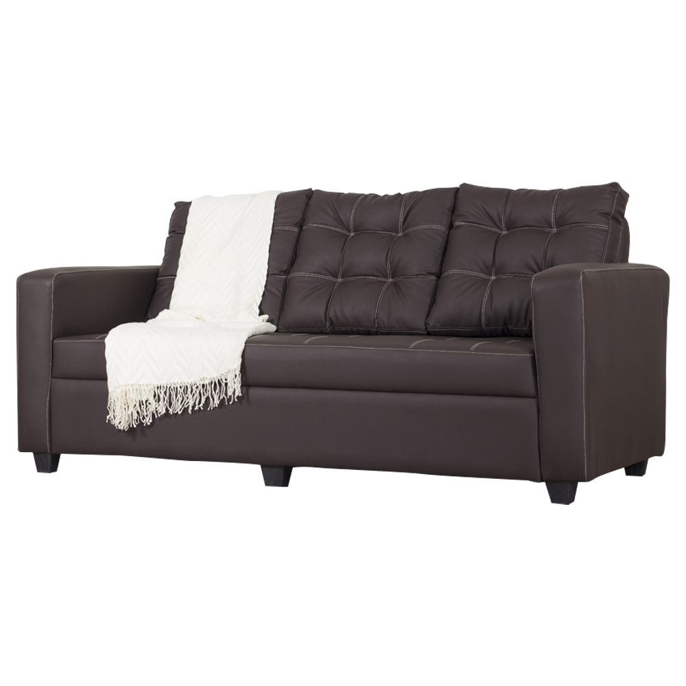 Dark brown 3-seater sofa with tufted backrest and white throw blanket