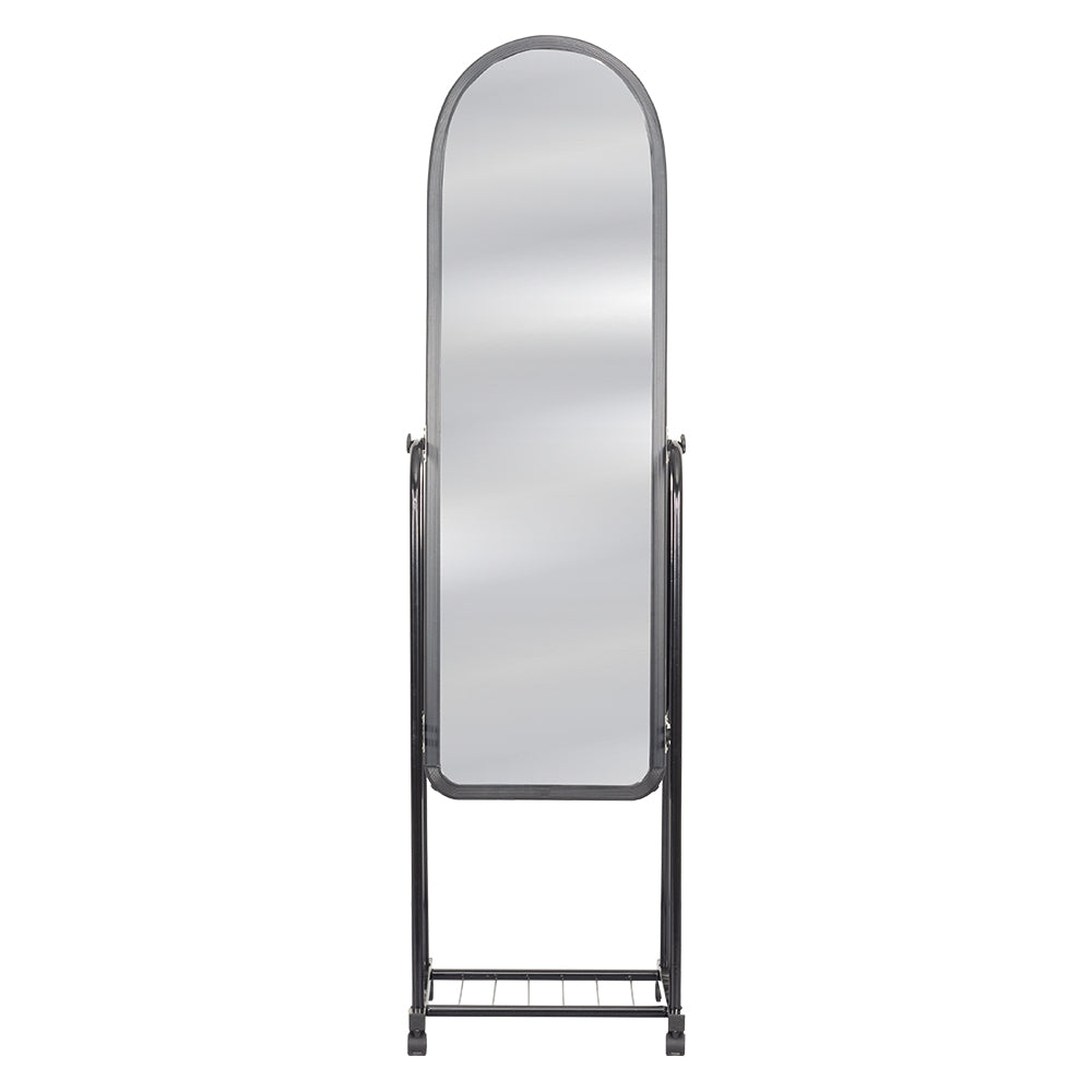 Tall arched full-length stand mirror with black frame and side handles on wheels