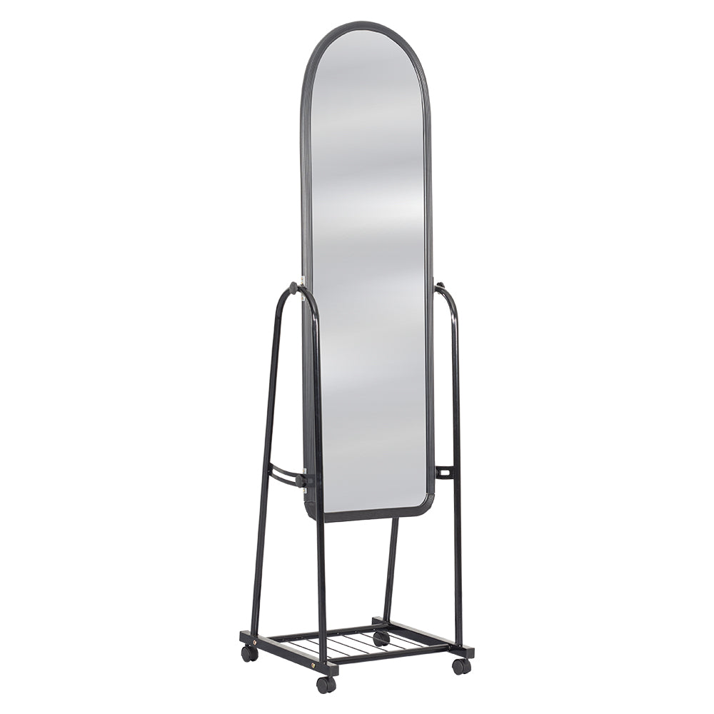 Black arched stand mirror with full-length reflective panel and wheeled metal base