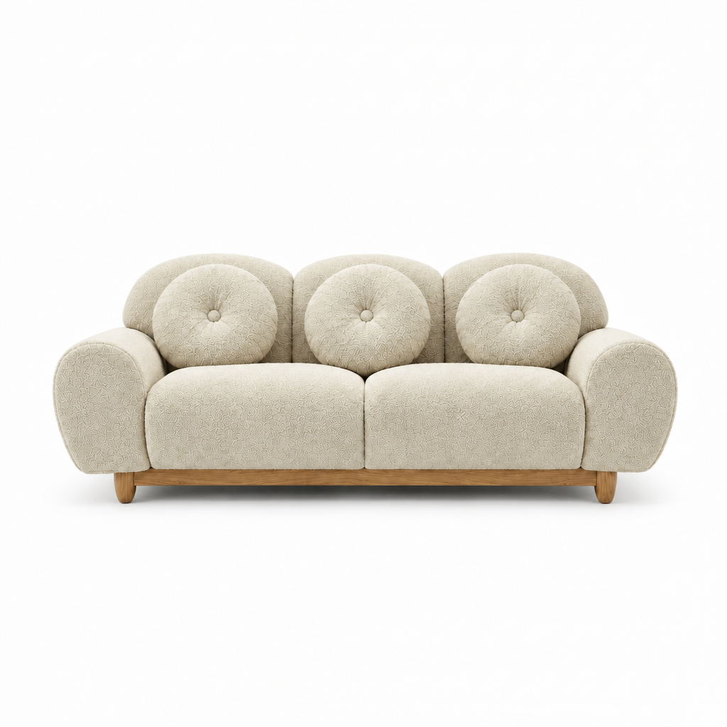 3-seater sofa in light beige with rounded arms, wide seat cushions, wooden legs