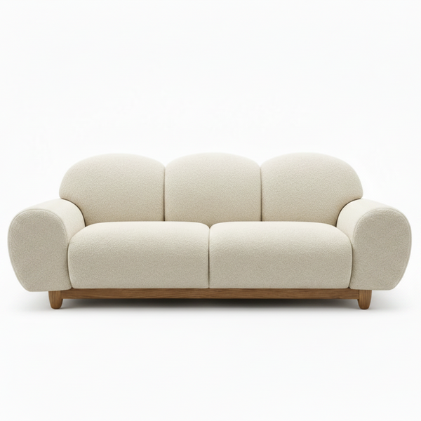 3-seater sofa in light beige with rounded arms, wide seat cushions, wooden legs