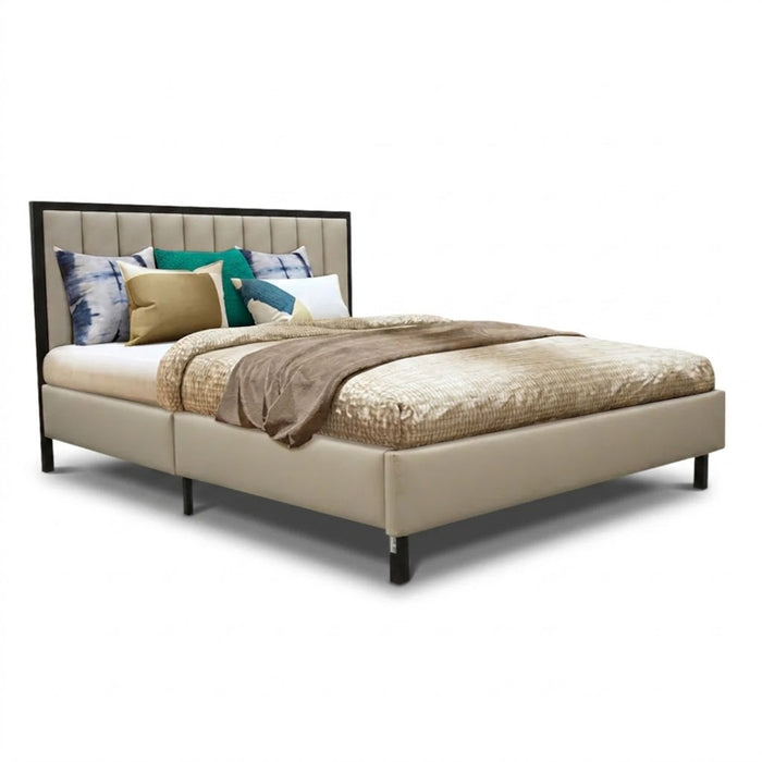 ANTONIO queen bed 60x75 with cream upholstered frame, dark legs, layered bedding and pillows