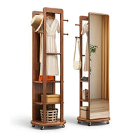 CLEO wooden mirror stand with full-length mirror, clothing rails, shelves, hooks, and caster wheels