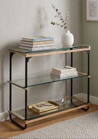 ELIZA glass console table with three shelves, black metal frame, and light wood accents