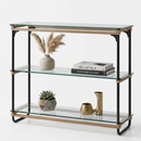 Three-tier ELIZA console table with clear glass shelves, black metal frame, and wood accents