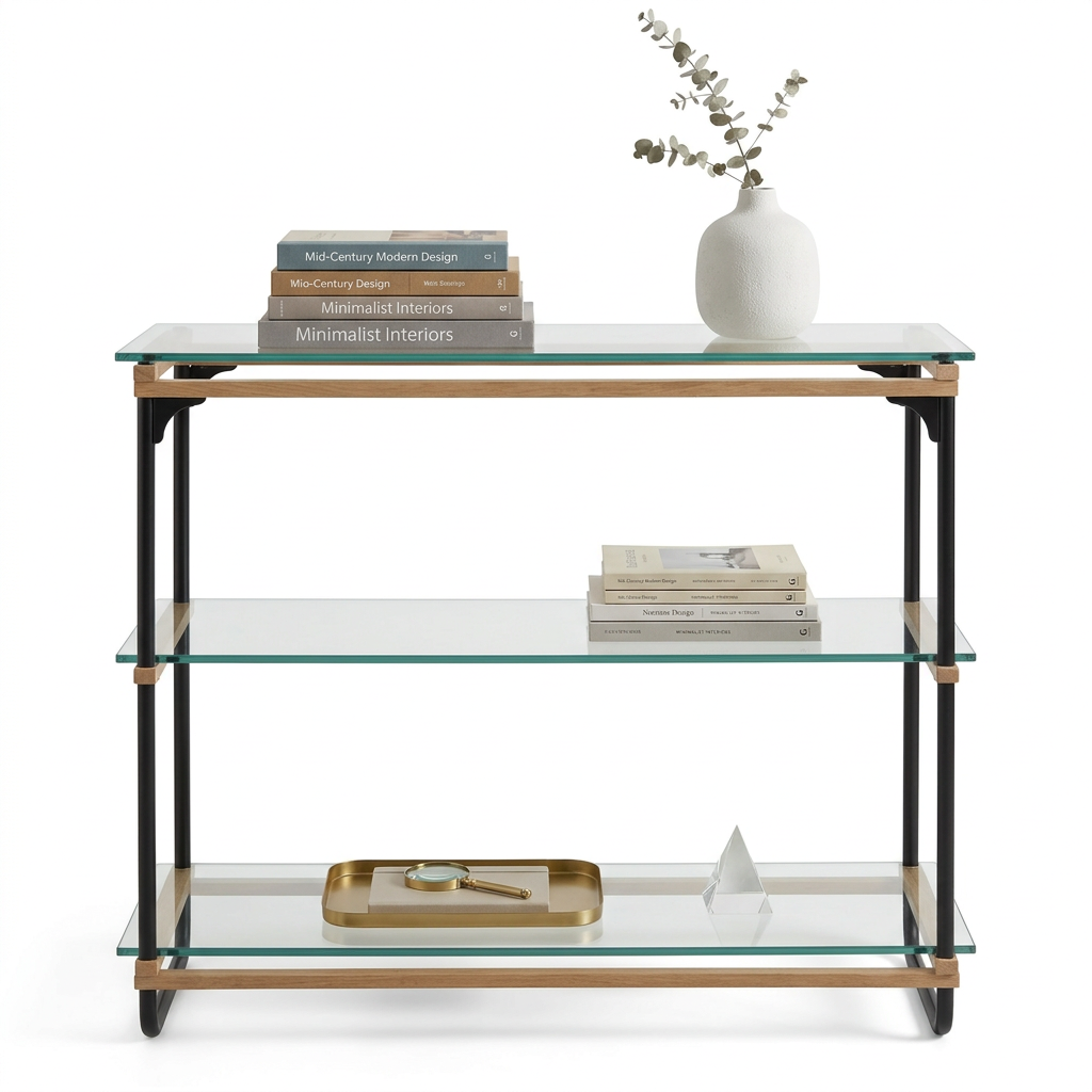 Front view of the ELIZA console table showing three glass shelves and a black metal frame