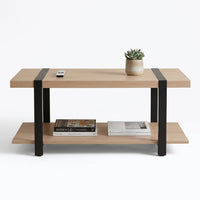 SKIRON Center Table by HOME SUITE with light wood shelves and black metal supports