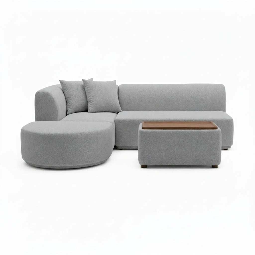 Gray mini modular sofa set with rounded chaise and storage ottoman