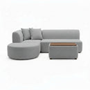 Gray mini modular sofa set with rounded chaise and storage ottoman