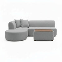 Gray mini modular sofa set with rounded chaise and storage ottoman