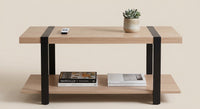 SKIRON center table with two light wood shelves and black metal supports, front view