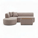 Beige mini modular sofa with rounded chaise and matching storage ottoman