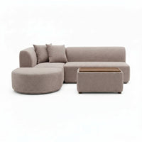 Beige mini modular sofa with rounded chaise and matching storage ottoman