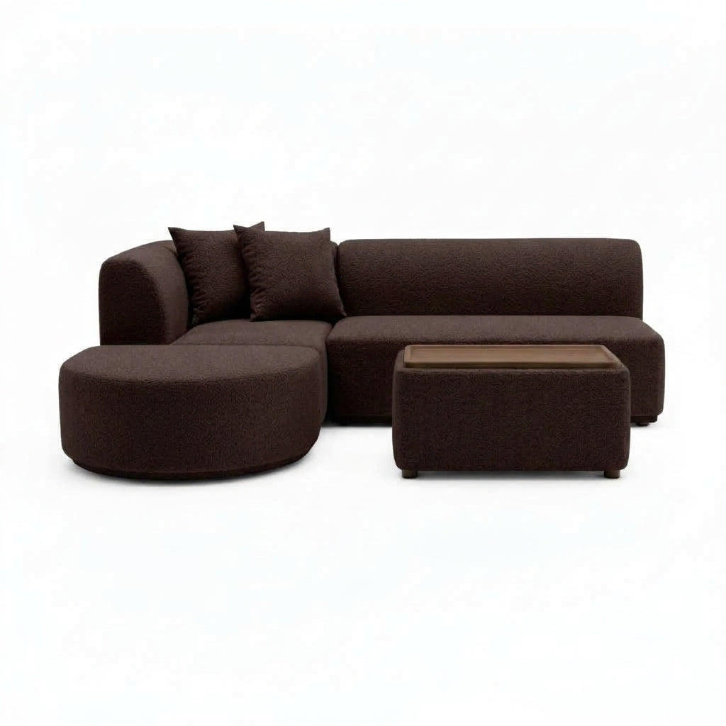 Dark brown mini modular sofa with rounded chaise and cushioned ottoman