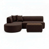 Dark brown mini modular sofa with rounded chaise and cushioned ottoman